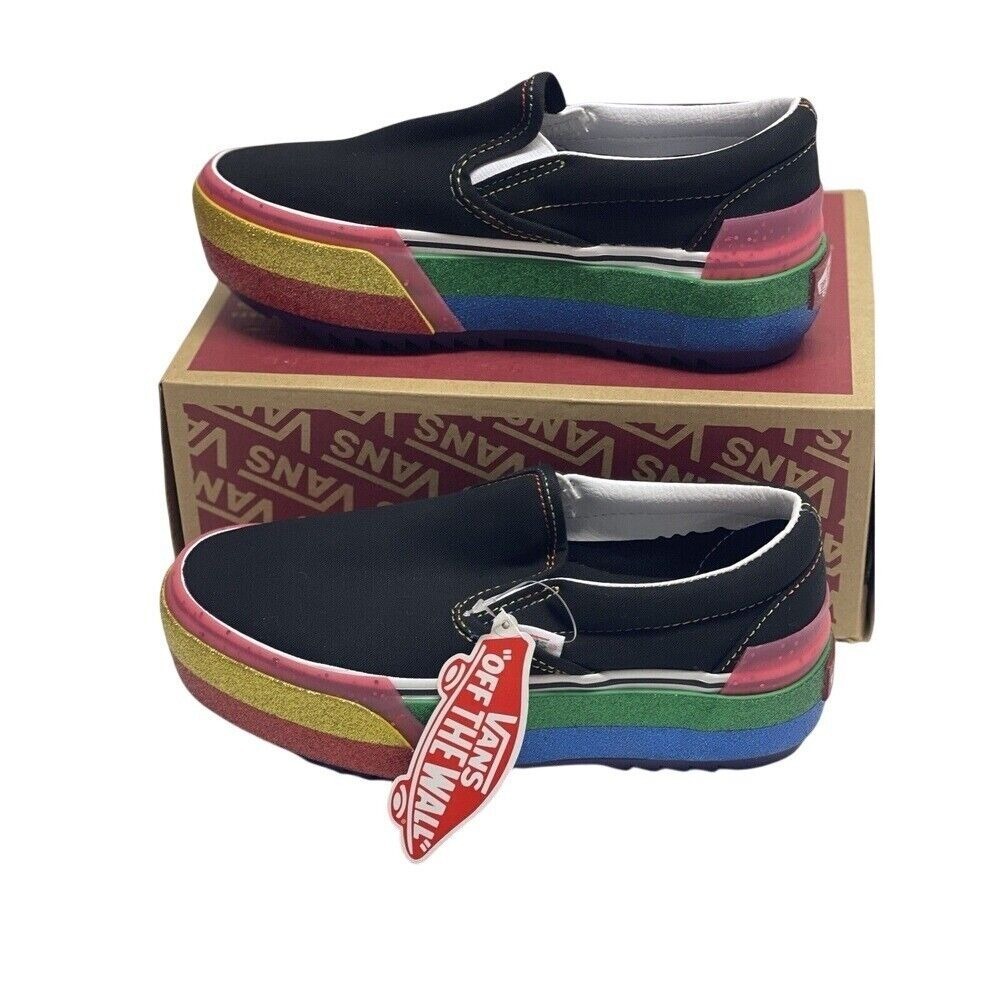 Vans Sneakers Classic Slip On Platform Black Glitter Rainbow Women 5.5 Pride New